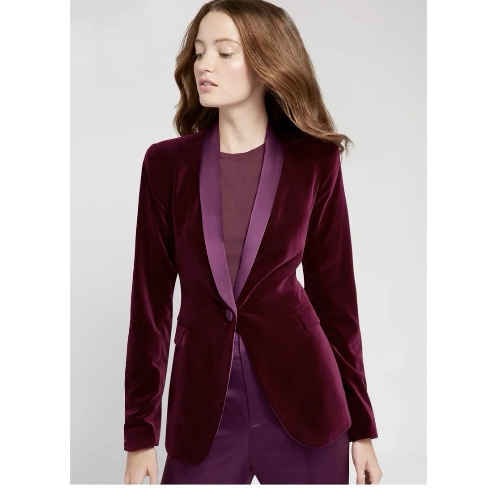 Alice+Olivia Macey Velvet Merlot Strong Shoulder Fitted Tuxedo Jacket Blazer 0